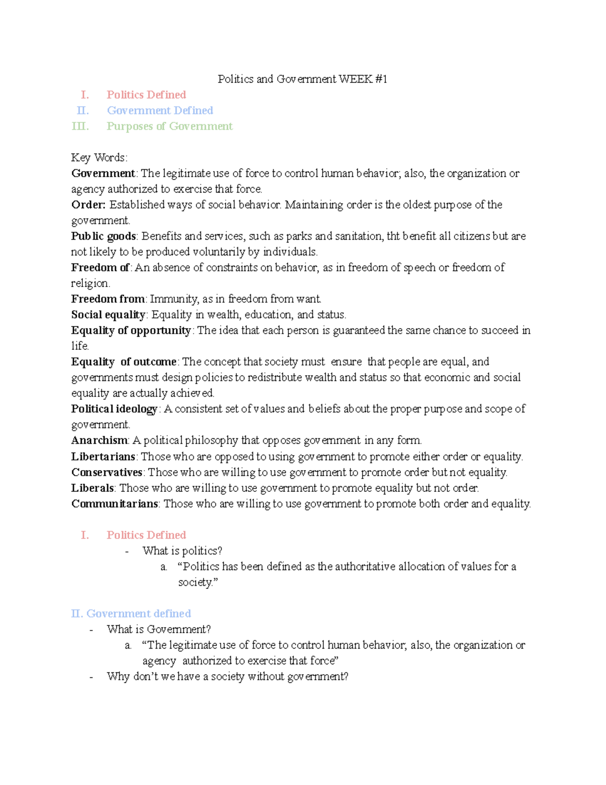 Politics 101: Week 1 Notes & Key Concepts Analysis - Studocu