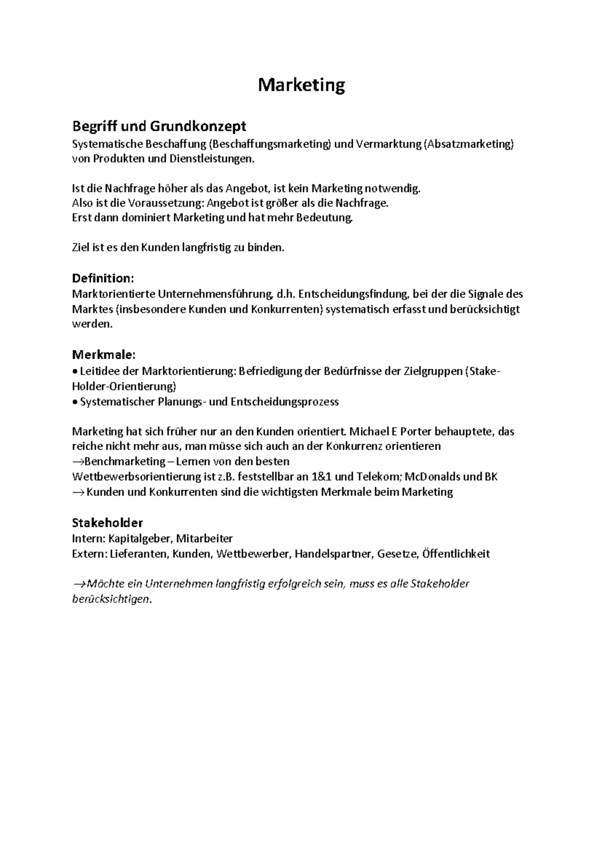 Marketing - Zusammenfassung für mündliche Prüfung - Marketing Marketing