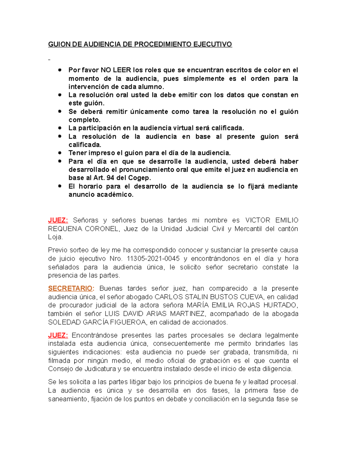 Guion Simulación de Audiencia Procedimiento Ejecutivo - COGEP - Document Preview