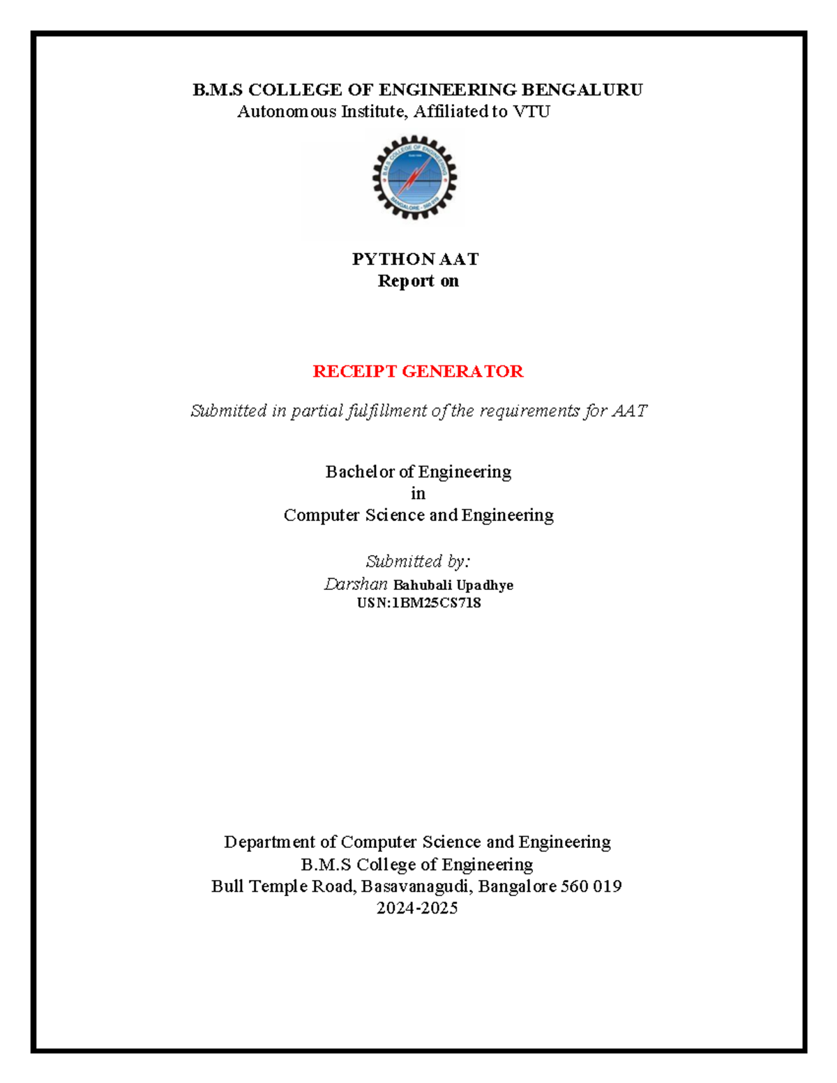 AAT Report on Receipt Generator Project - CSE 1st Sem - Studocu