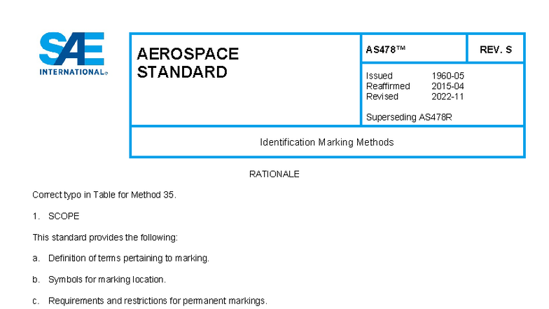 SAE AS478S-2022 - Aerospace Identification Marking Methods - Studocu