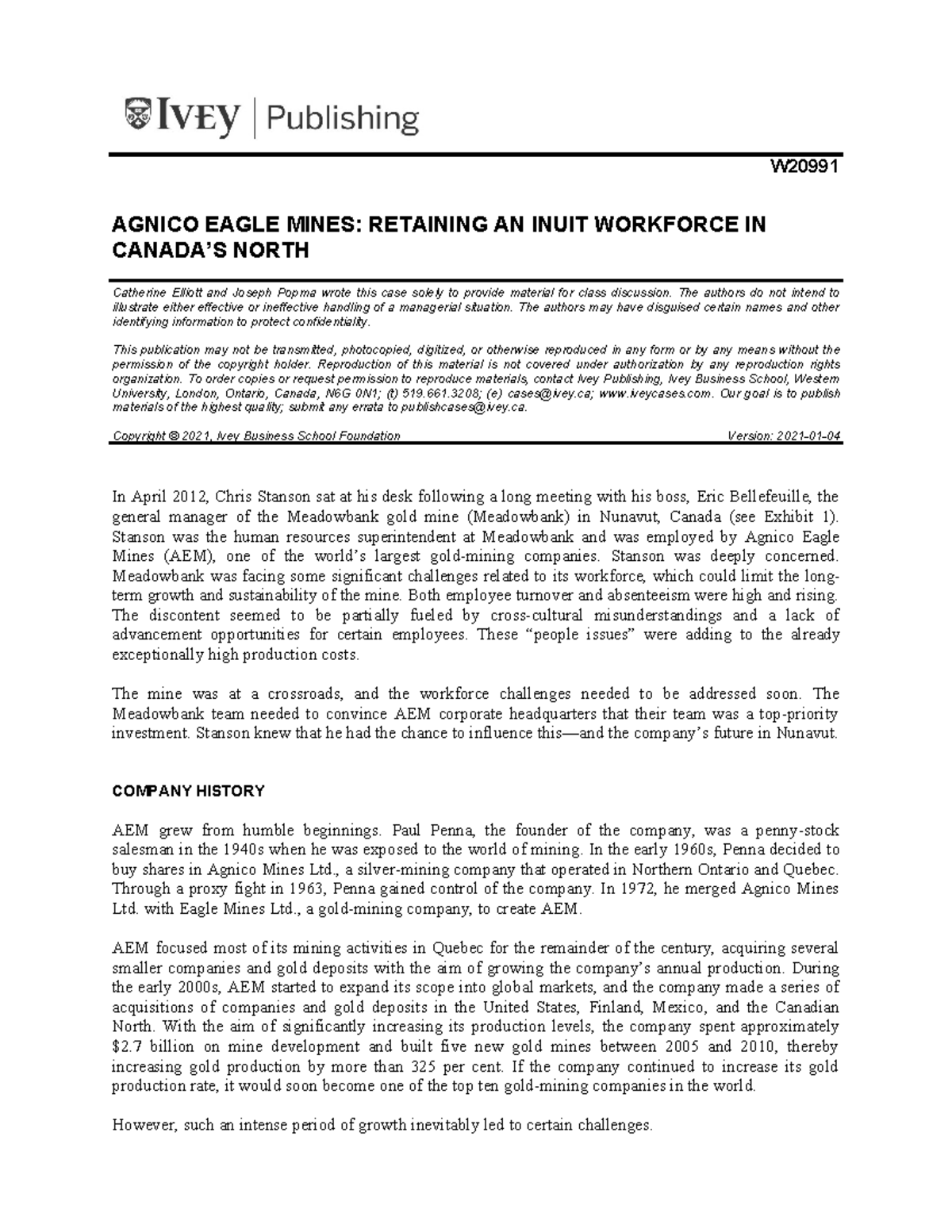 W20991 Case Study: Retaining Inuit Workforce at Agnico Eagle Mines ...