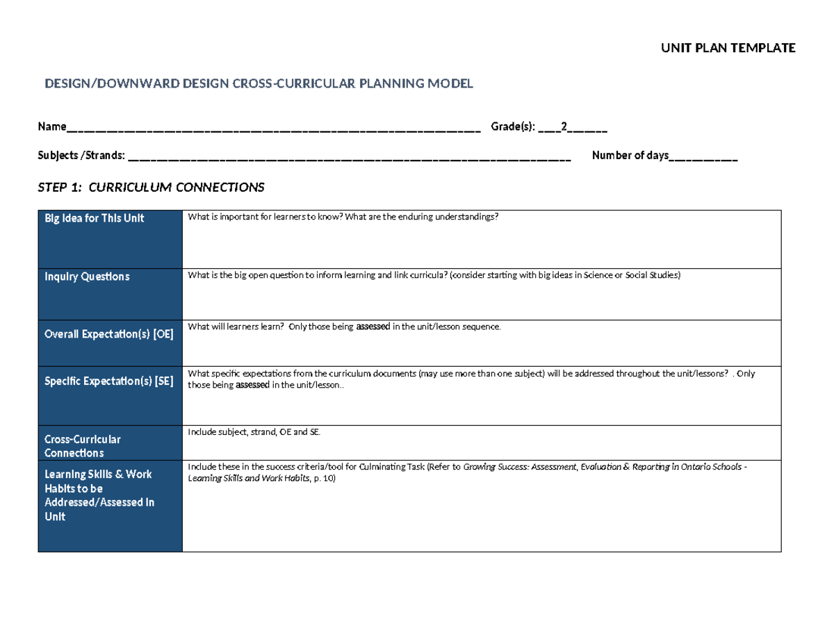 Unit Plan Template - Lecture Notes for Curriculum Design - Studocu