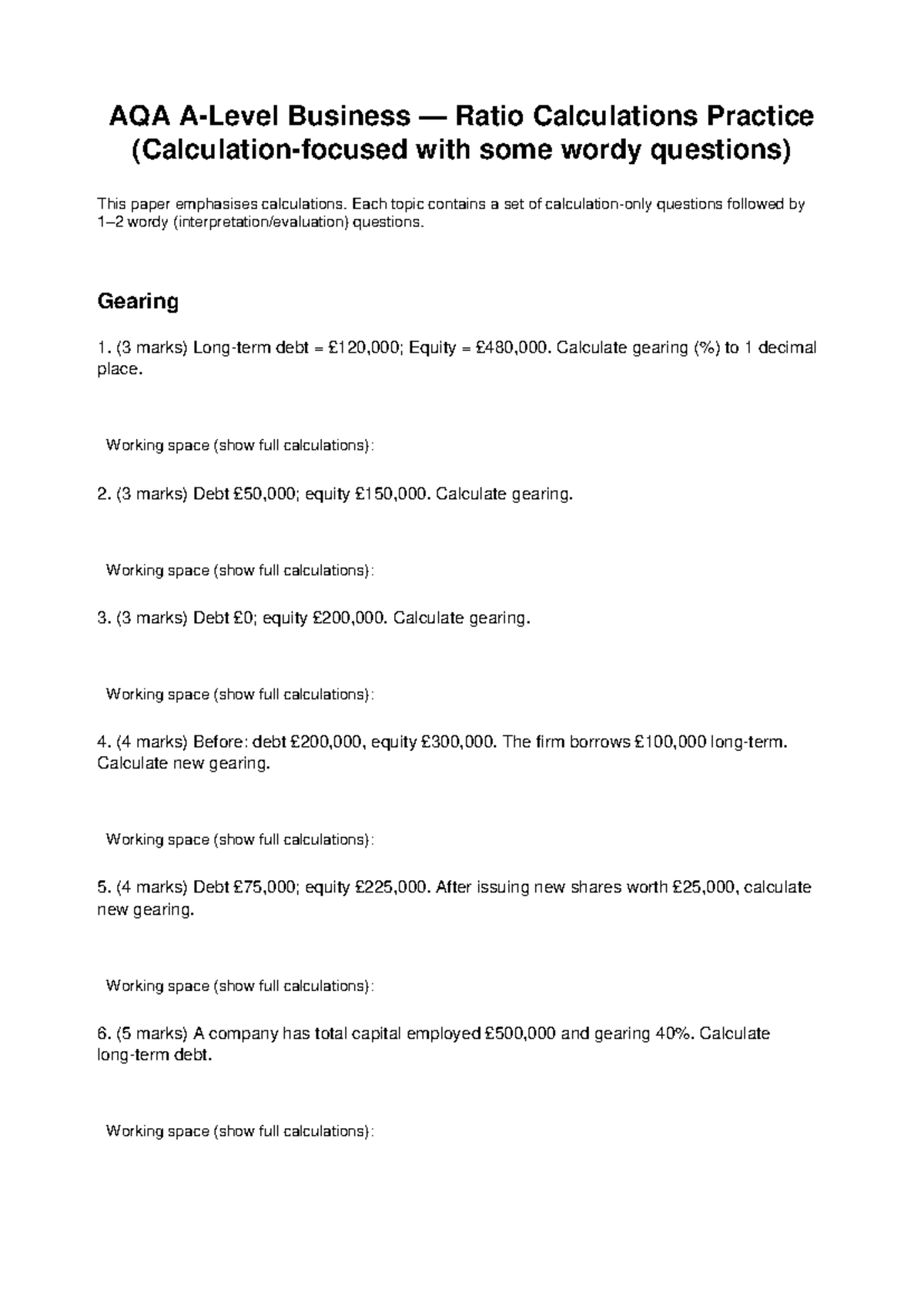 AQA A Level Business Ratio Analysis Practice Questions - Studocu