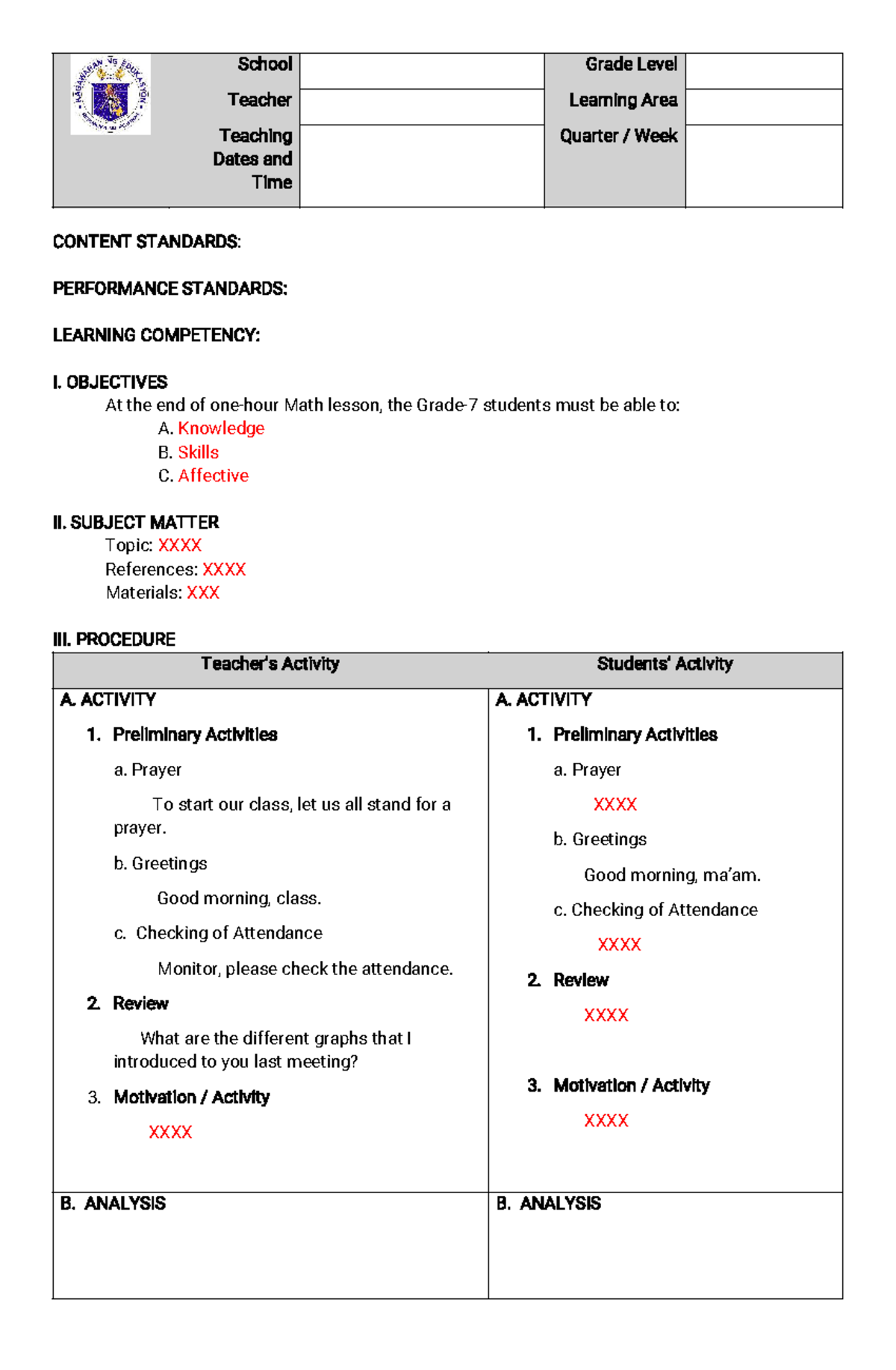 Grade 7 Math Lesson Plan Template (4As) - Studocu