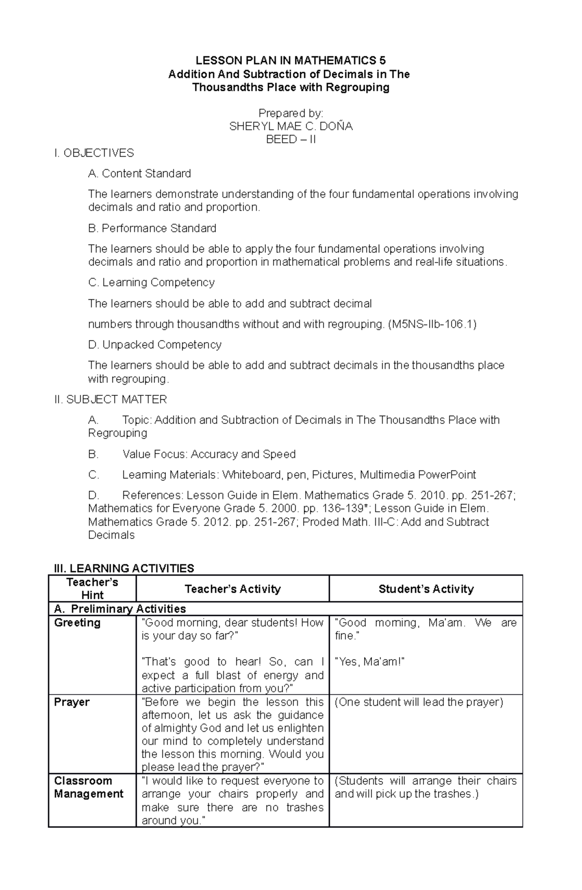 Mathematics 5 Detailed Lesson Plan: Adding & Subtracting Decimals with ...