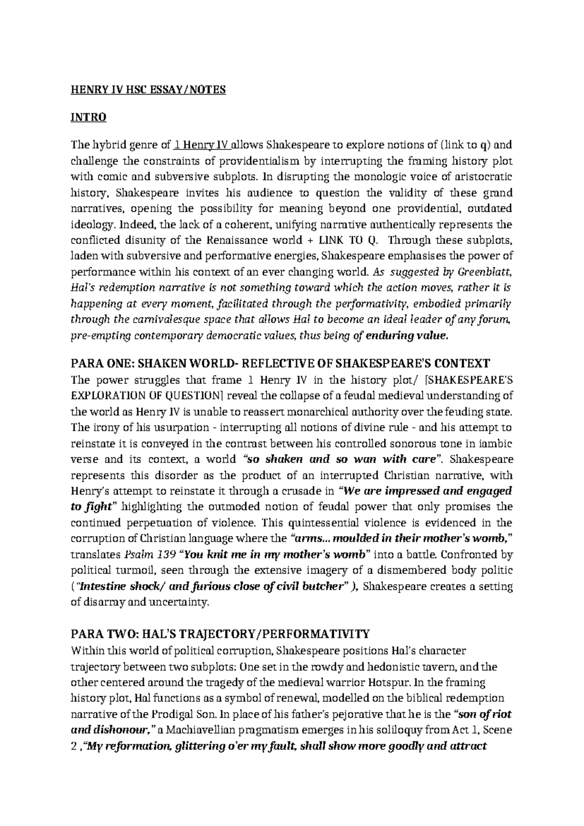 HSC English Exam Notes: Exploring Shakespeare's 1 Henry IV - Studocu