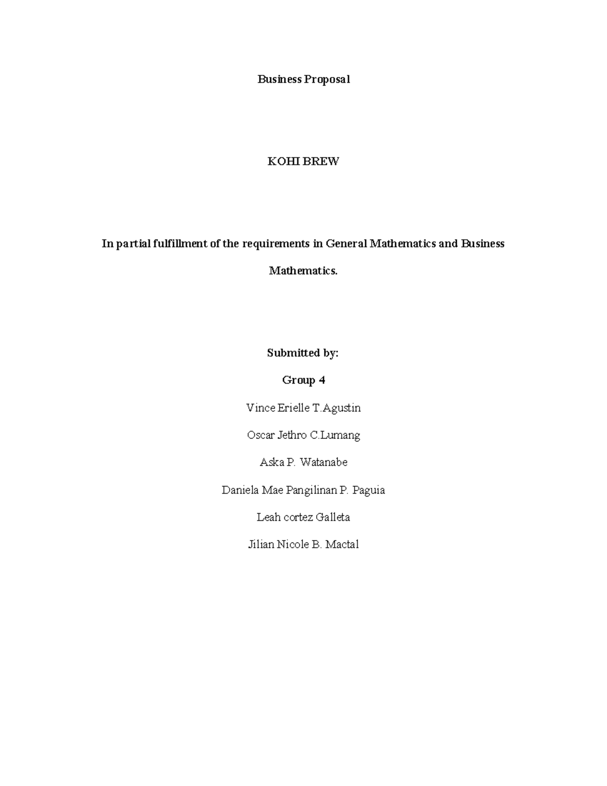 Business Proposal for KOHI BREW: General Math & Business Math Project ...