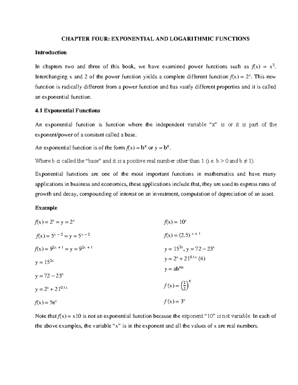 Chapter 4 Exponential and Logarithm Functions - CHAPTER FOUR ...