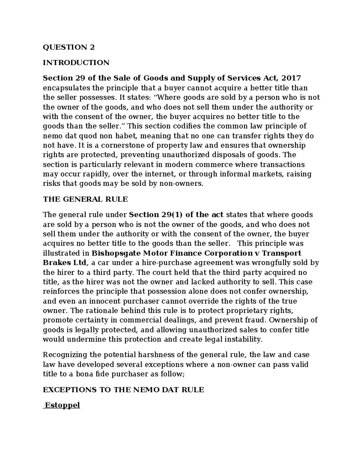 Question 2: Analysis of Section 29 of the Sale of Goods Act 2017 - Studocu