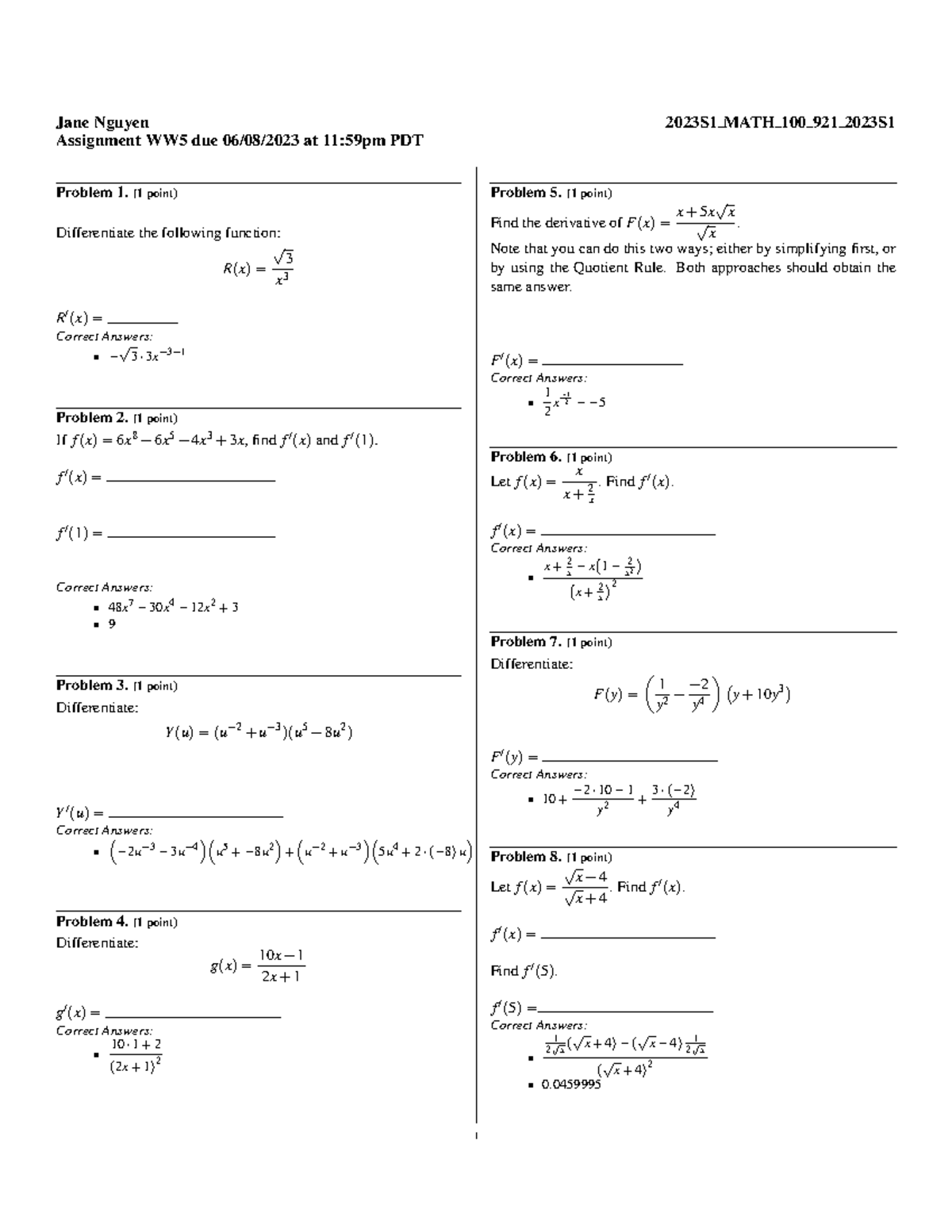 2023S1 MATH 100 921 Assignment WW5 Solutions and Derivatives - Studocu