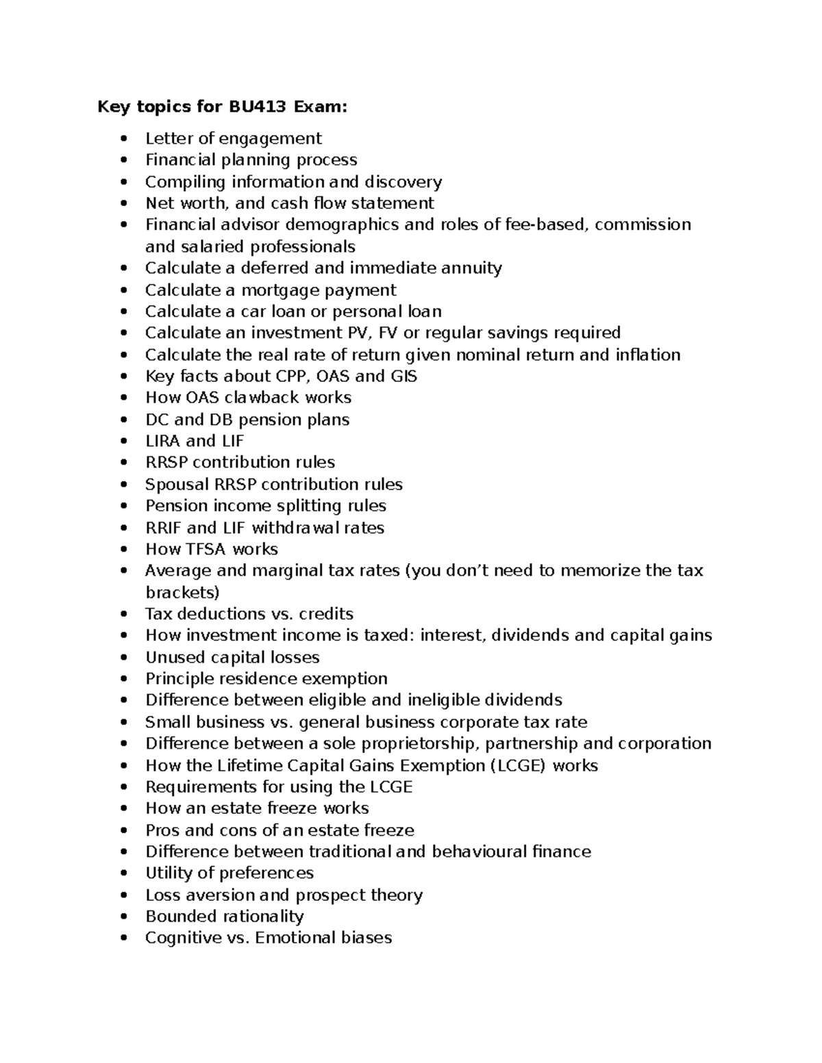 Key Topics for BU413 Final Exam 2026: Financial Planning & Analysis ...