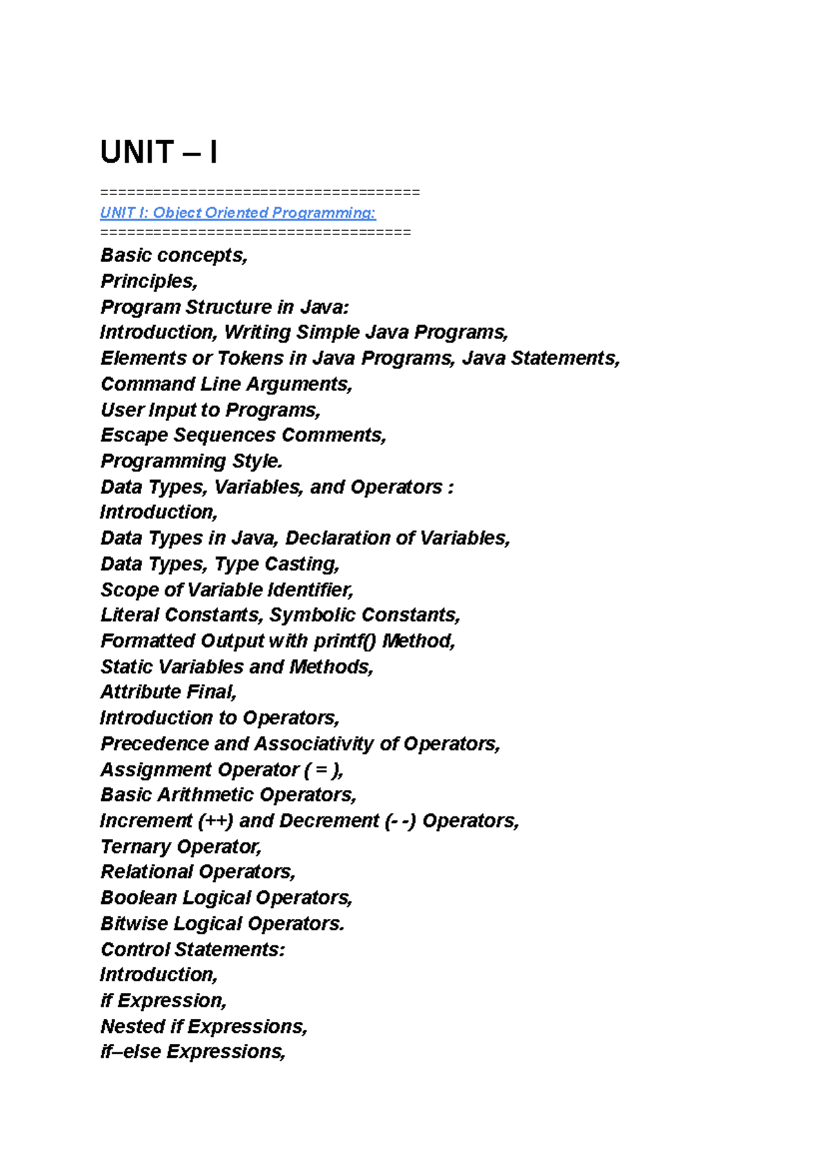 Unit I: OOP & Java Basics - Concepts, Structure, and Control Statements ...