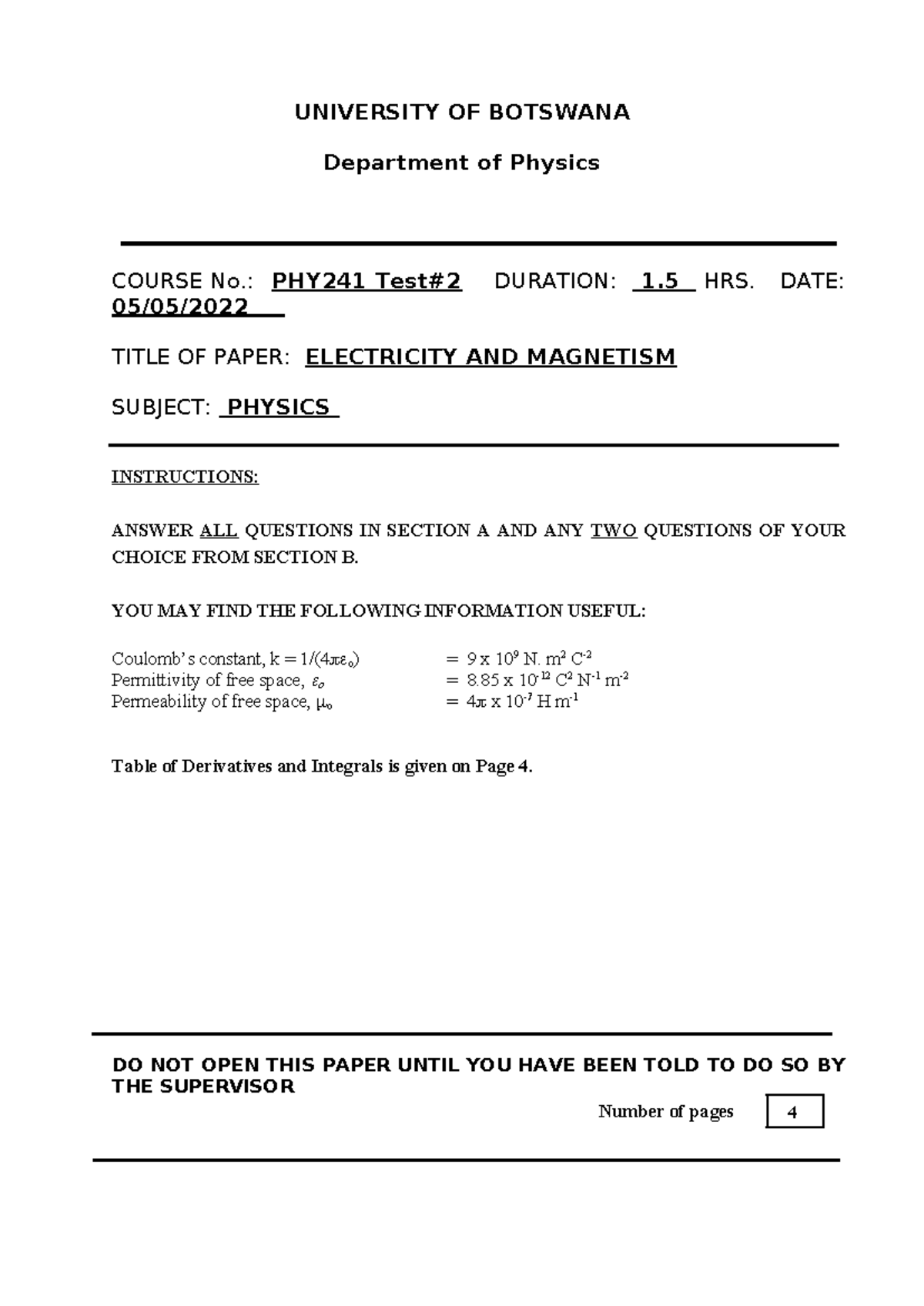 PHY241 Test #2 - Electricity and Magnetism Exam Paper - Studocu