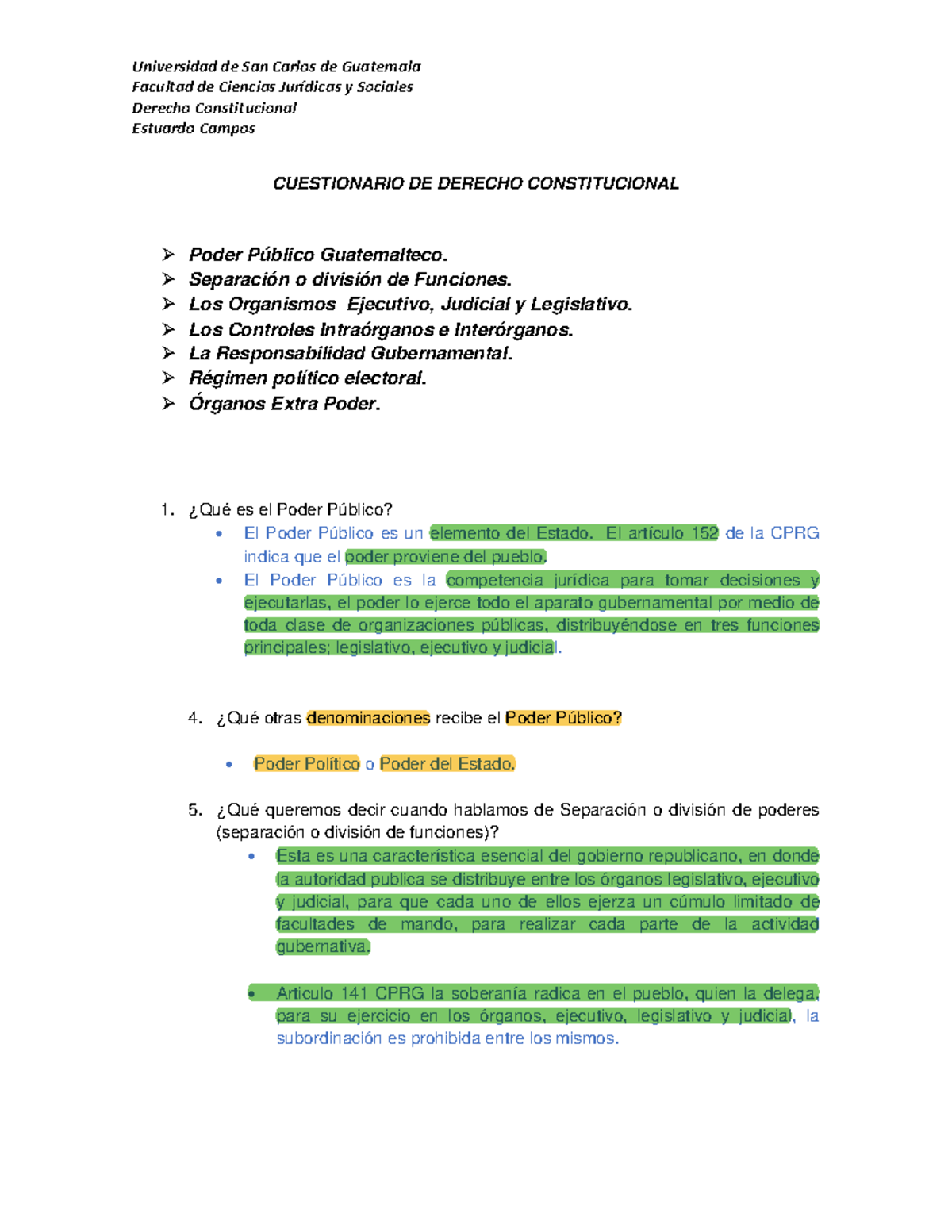 Cuestionario de Derecho Constitucional (DC-101) - Poder Público en ...