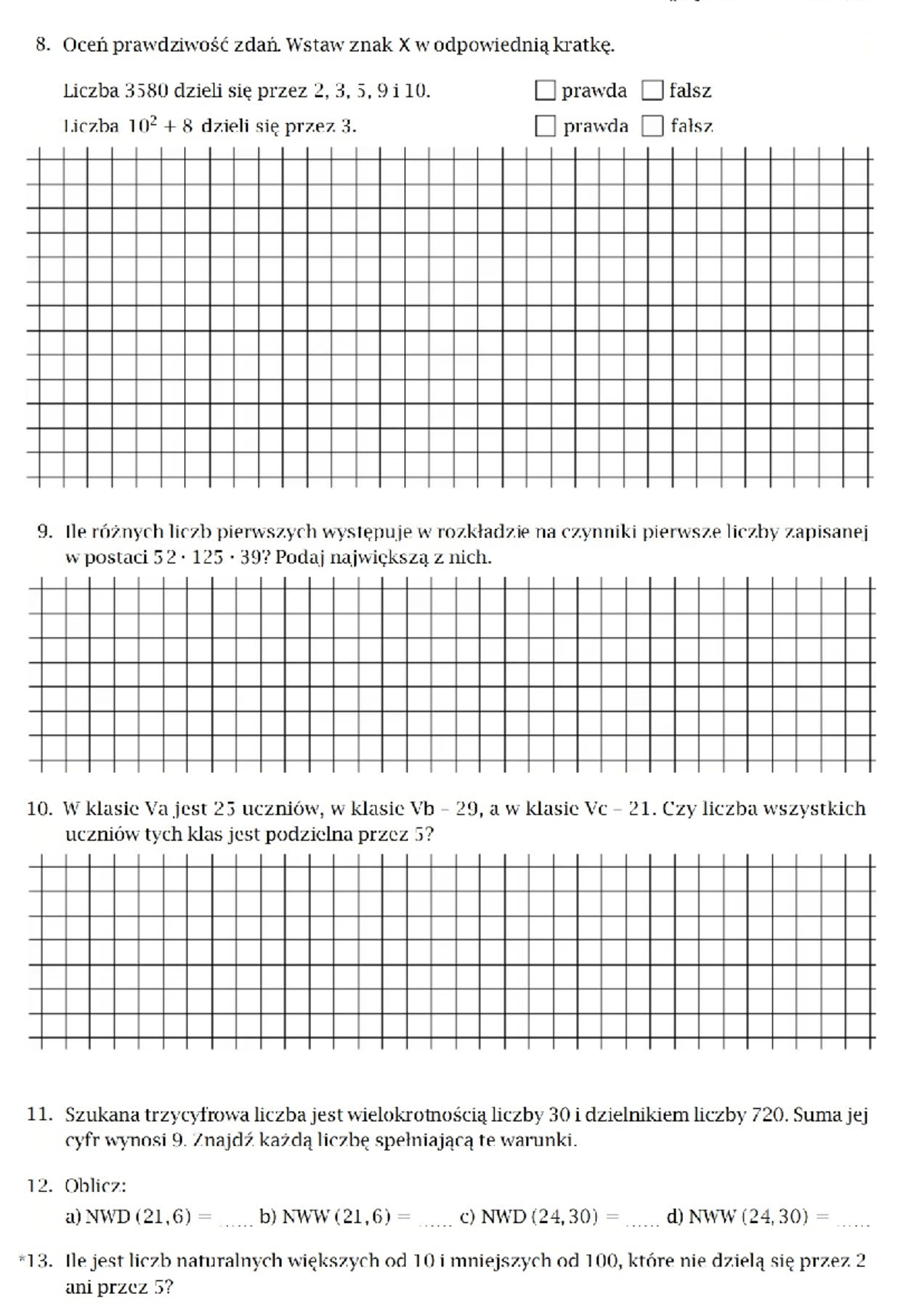 Mat2 2 - Sprawdzian z matematyki klasa 5 - Dział 2: Prawdziwość zdań