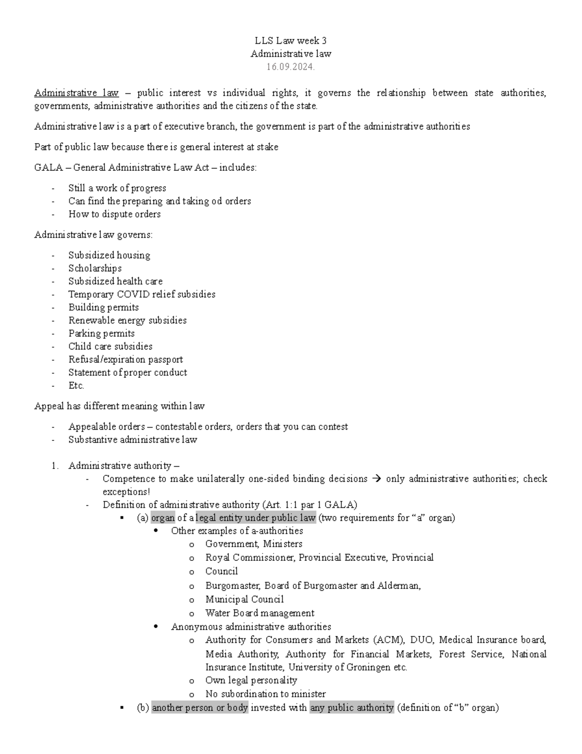 LLS Law Week 3: Administrative Law Notes & WG Questions - Studeersnel
