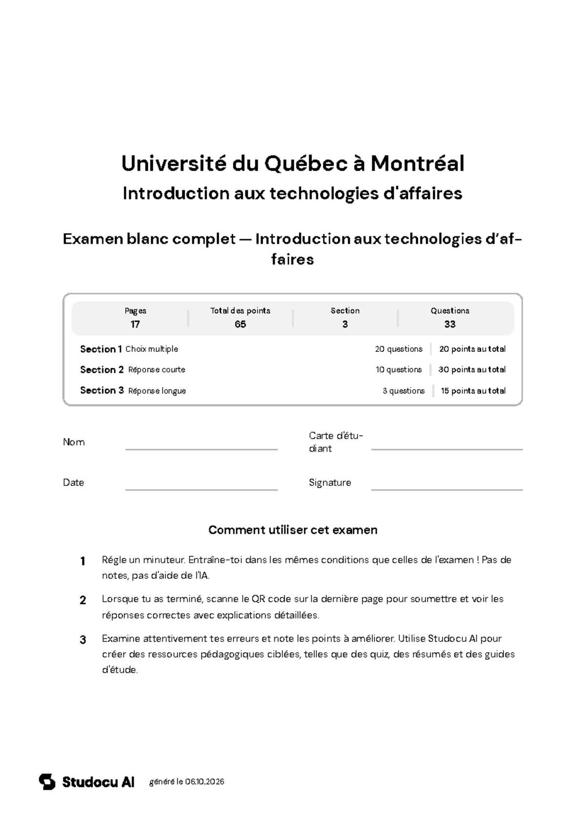 Examen blanc complet — Introduction aux technologies d’affaires - Studocu