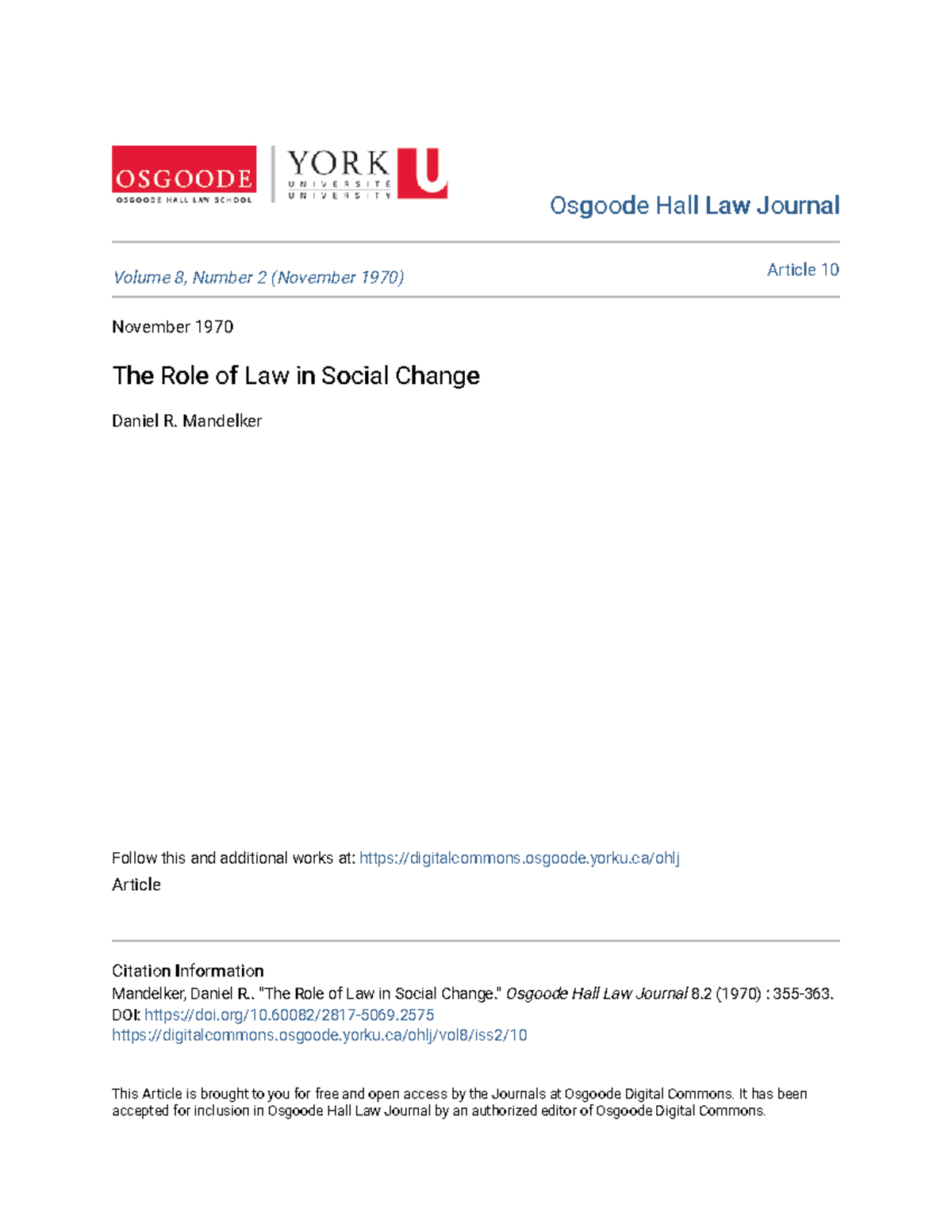 The Role of Law in Social Change - Osgoode Hall Law JournalOsgoode Hall ...