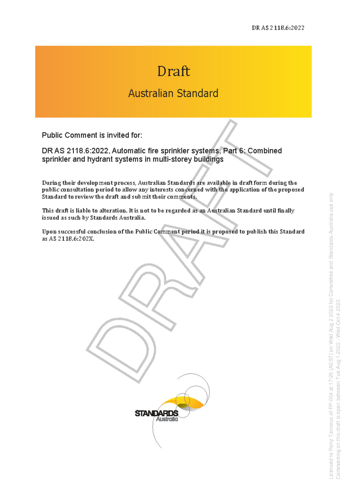 DR AS 2118.6:2022 Public Comment Draft on Combined Sprinkler & Hydrant ...
