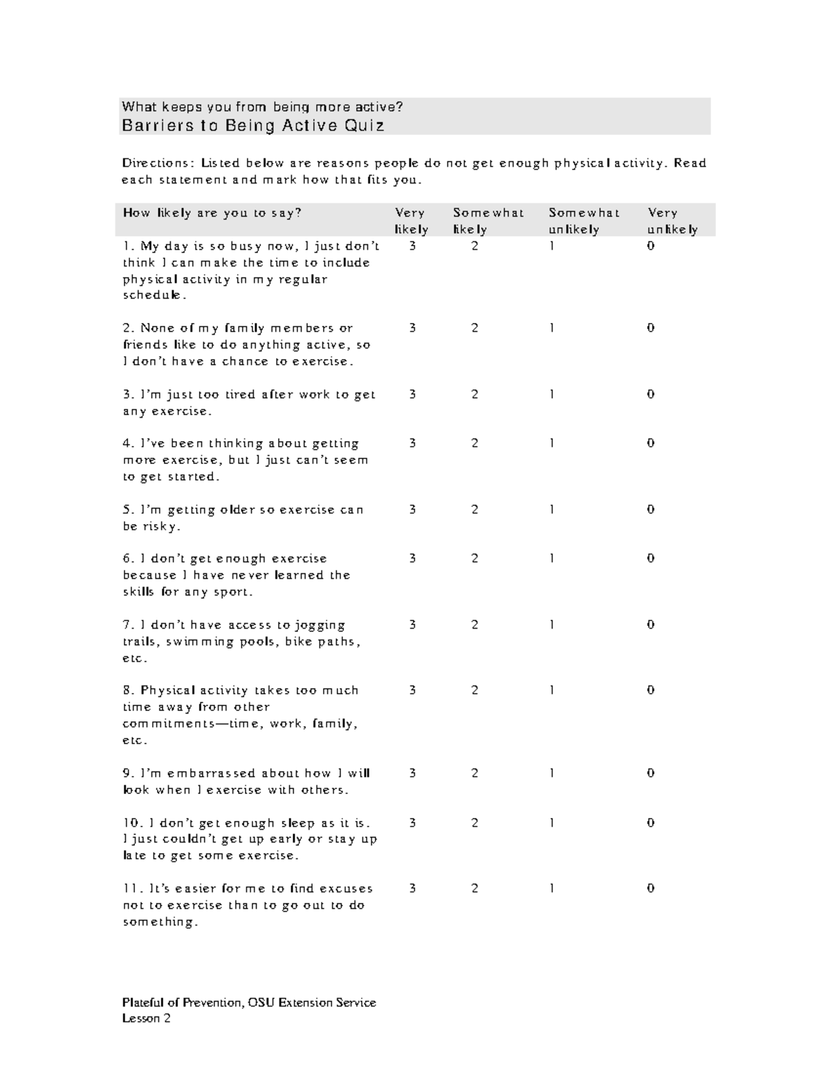 BBAQ-QUIZ - Identifying Barriers to Physical Activity - Studocu