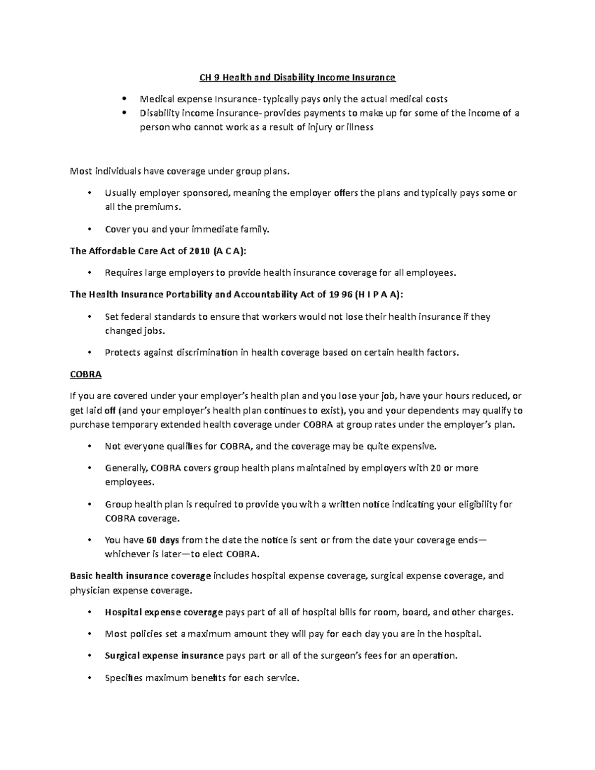 Ch 9 Health and Disability Income Insurance Notes - Studocu