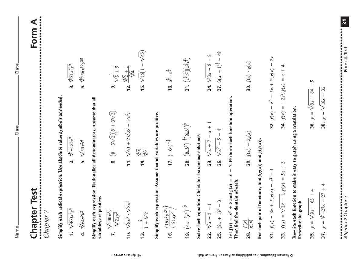 Algebra 2 HW #8 - Review #2 - Chapter 7 Test Form A Answers - Studocu