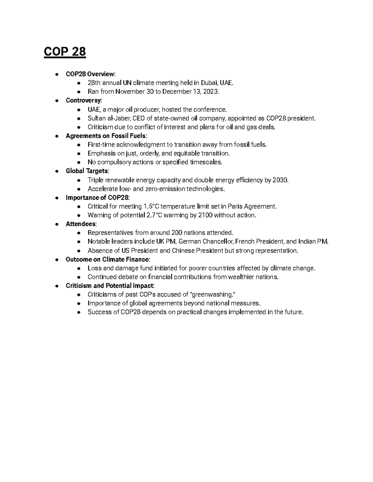 Untitled document-4 - COP 28 notes - COP 28 COP28 Overview: 28th annual ...