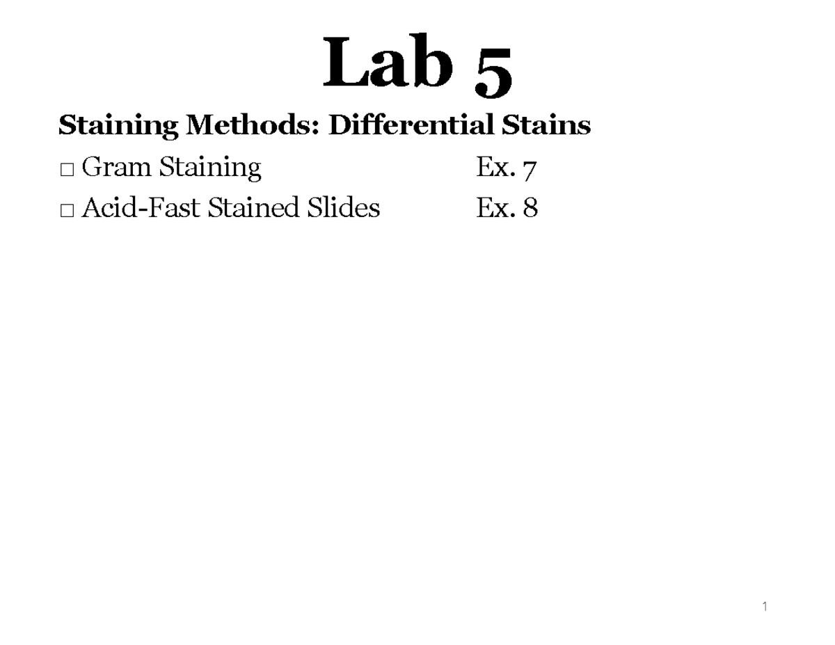 Lab 5: Differential Staining Methods (Gram & Acid-Fast Stains) - Lab 5 ...