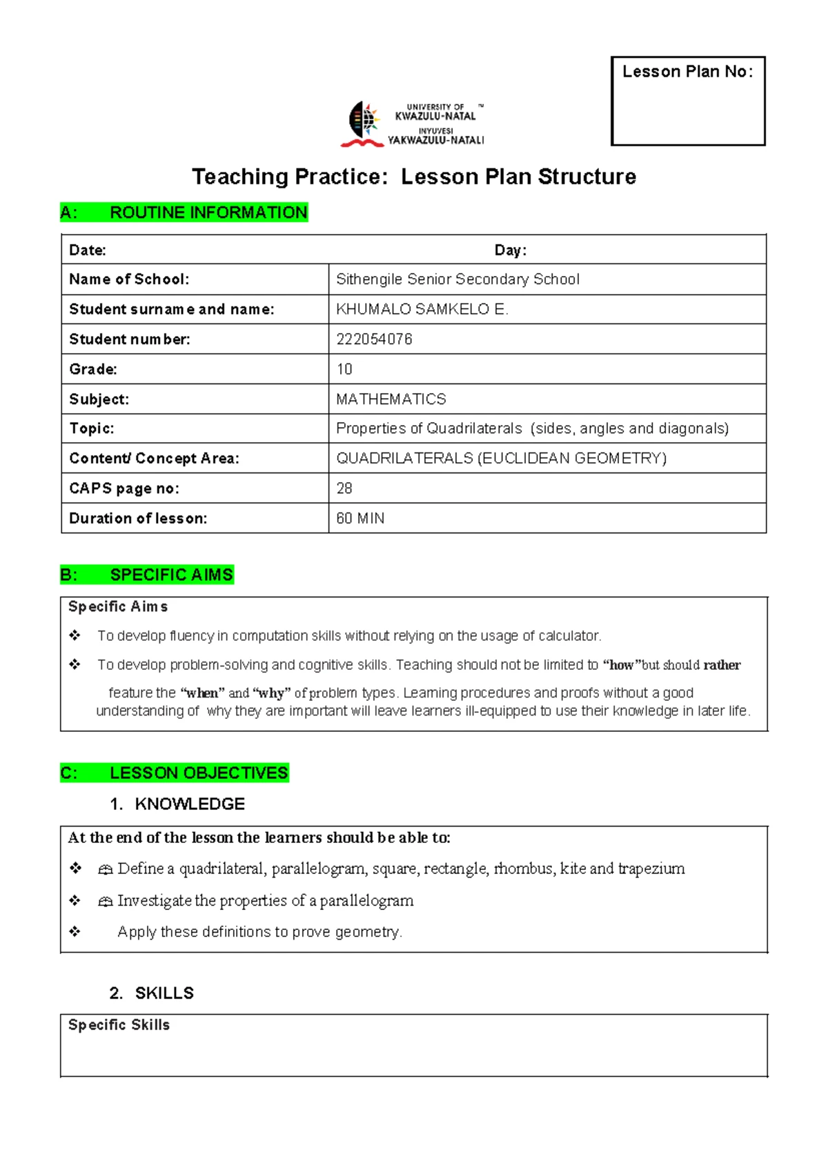 Lesson Plan No: Teaching Practice for Grade 10 Mathematics (LP6) - Studocu