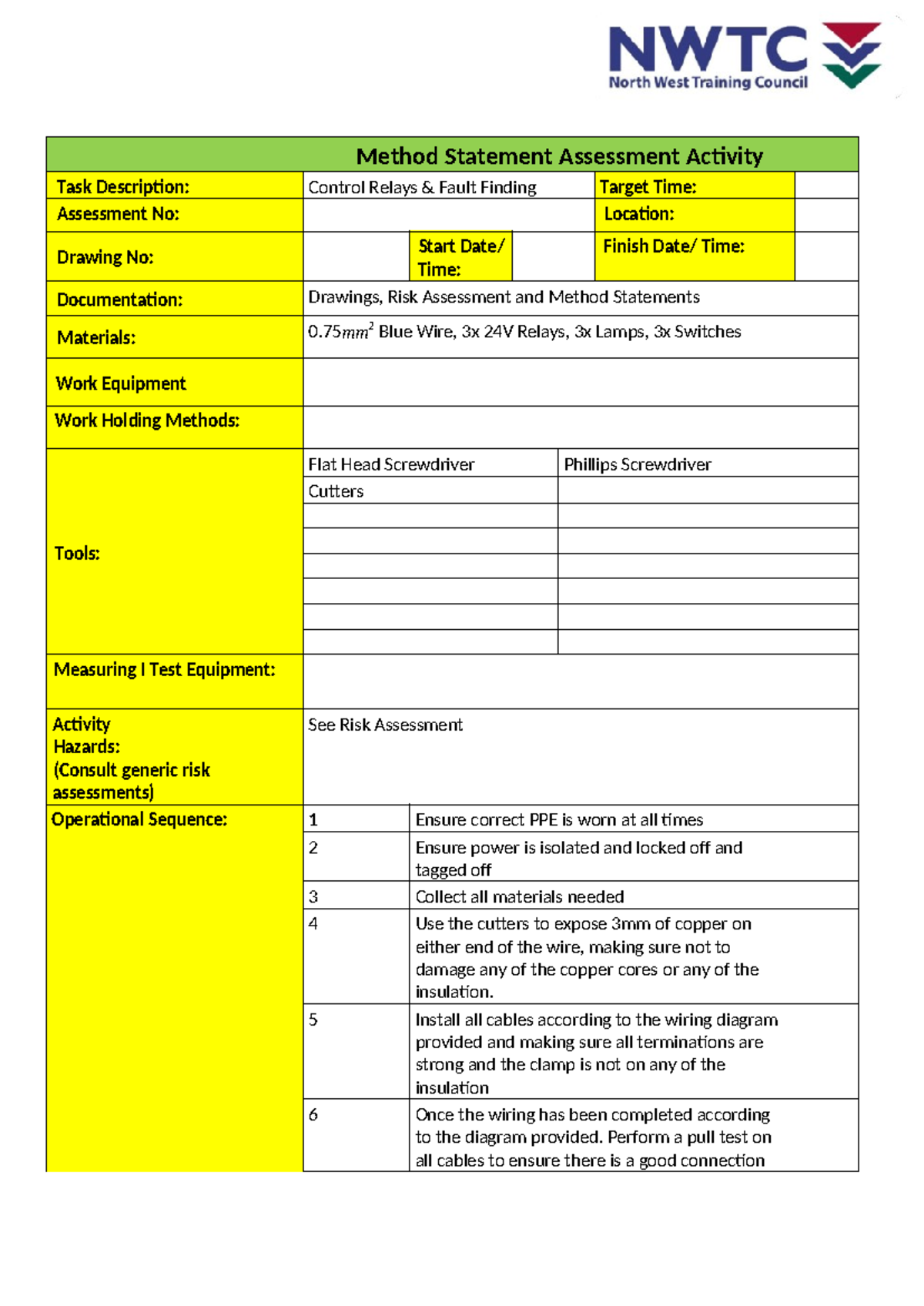 Risk Assessment Method Statement for Control Relays & Fault Finding ...