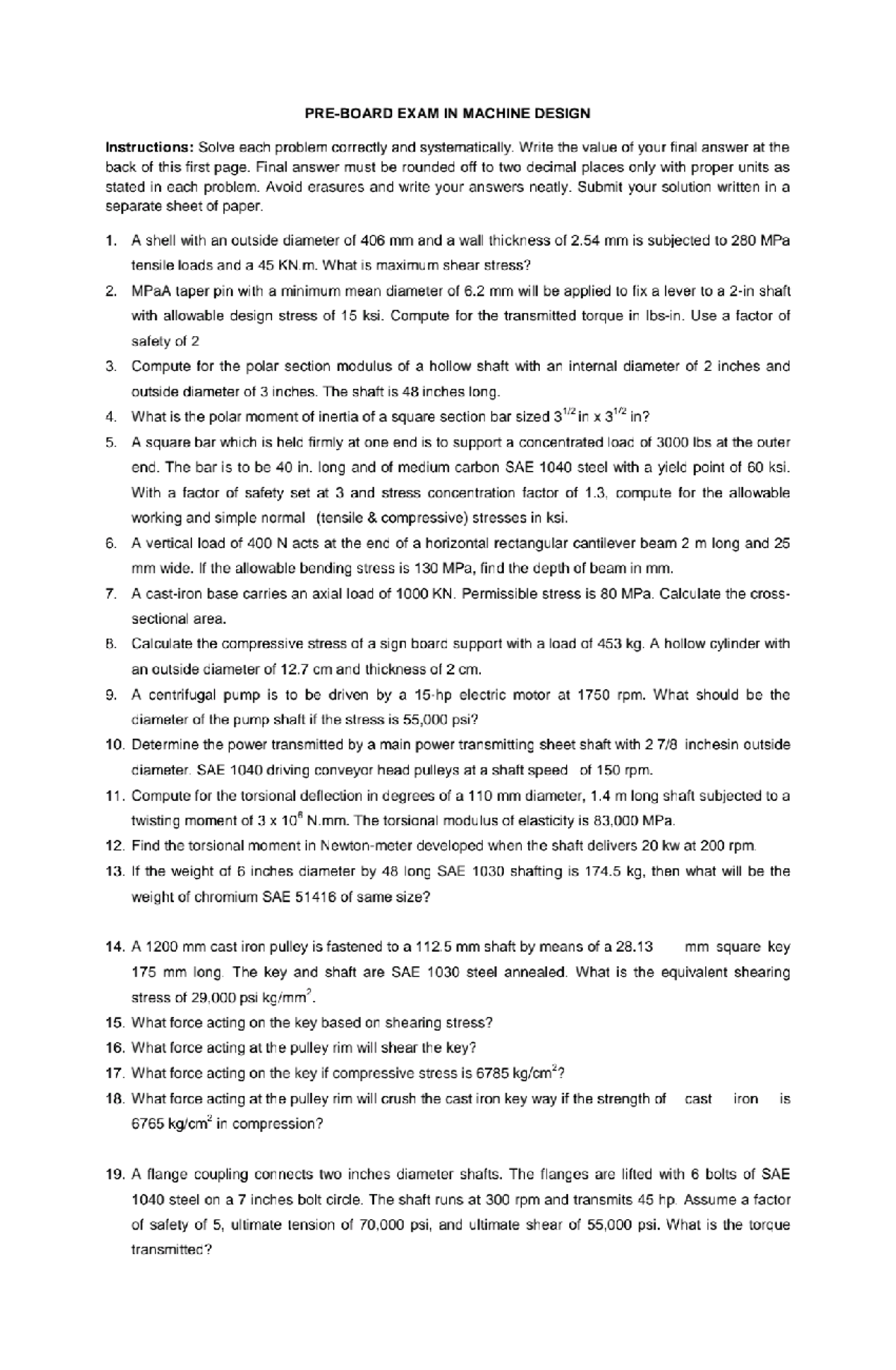 Preboard EXAM IN MD: Comprehensive Machine Design Problems and ...