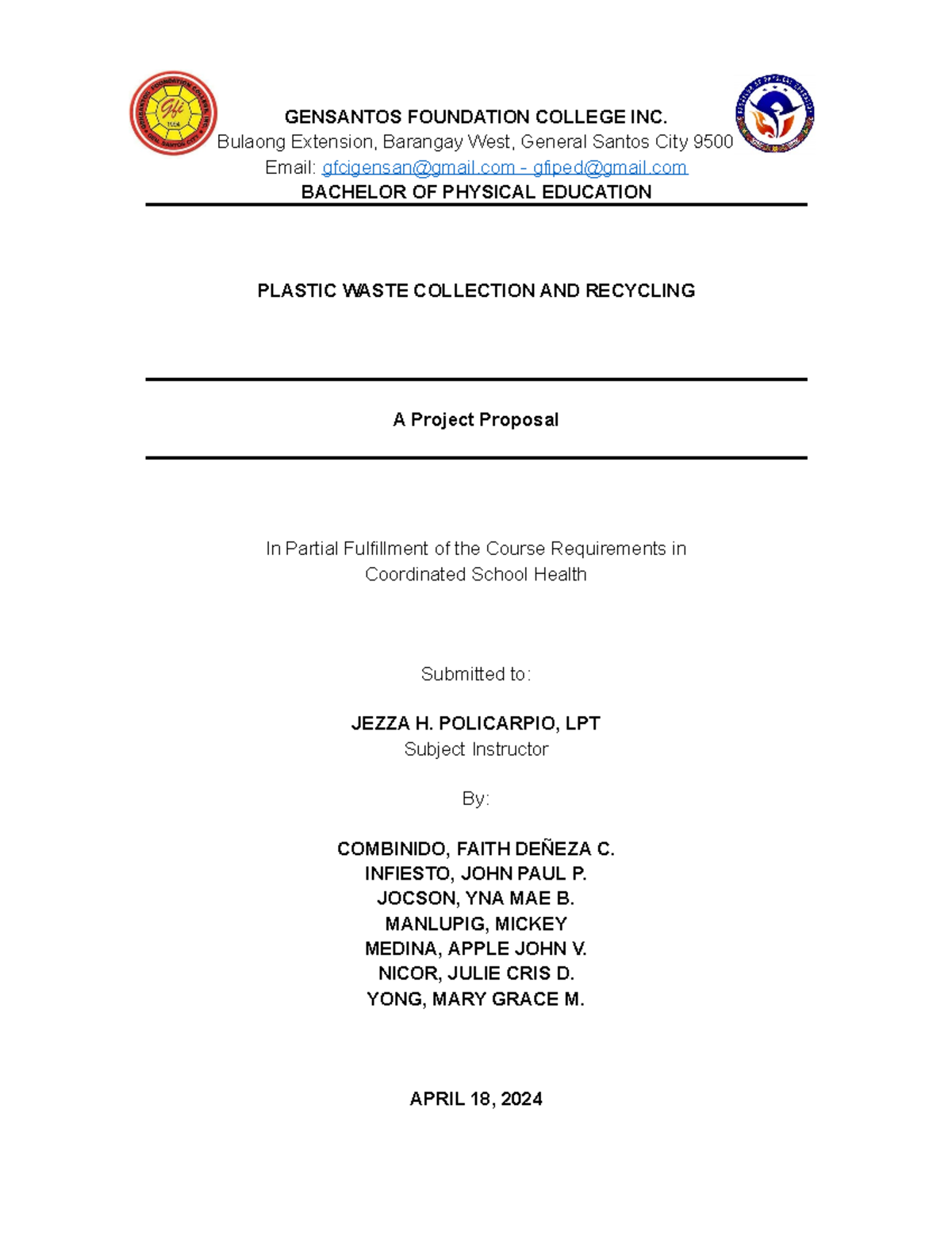 Project Proposal: Plastic Waste Collection & Recycling - GENSANTOS PE ...