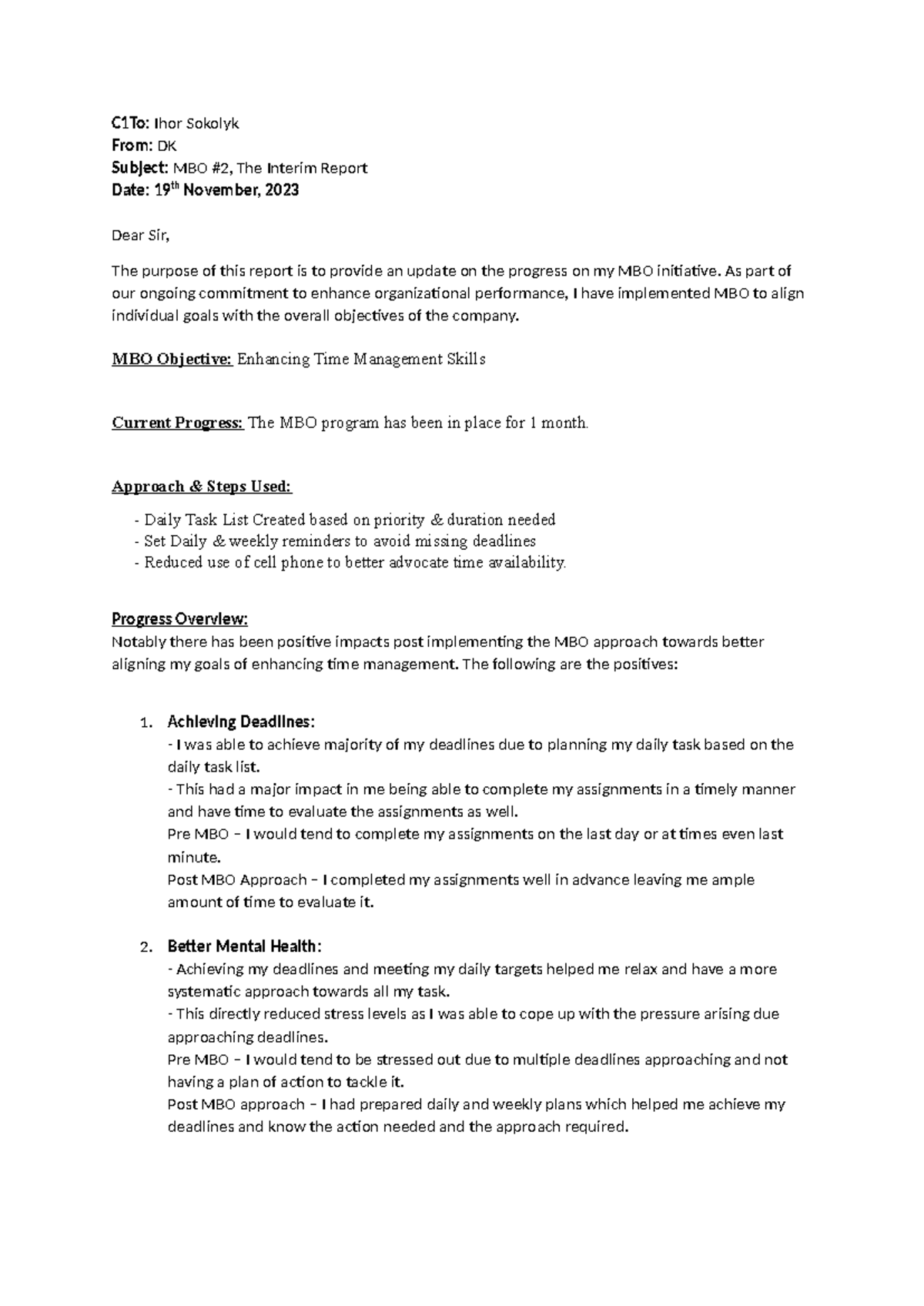 MBO #2 Assignment - Progress Report Overview on Time Management - Studocu