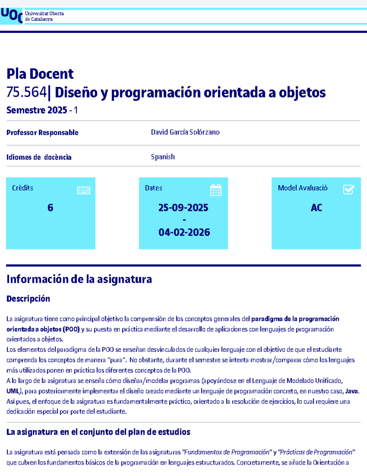 Plan Docent POO (Diseño y Programación Orientada a Objetos) - Sem 2025 ...