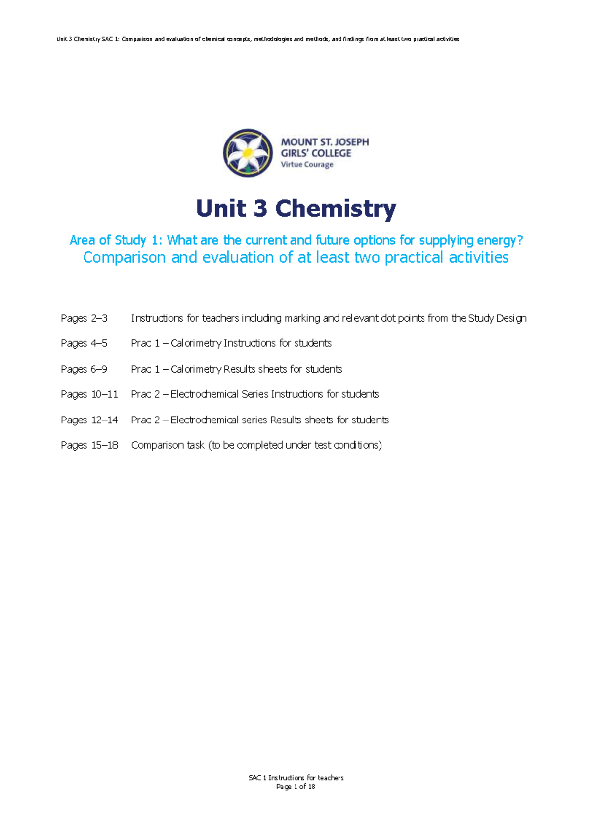 Unit 3 Chemistry SAC 1: Evaluation of Practical Activities in Energy ...