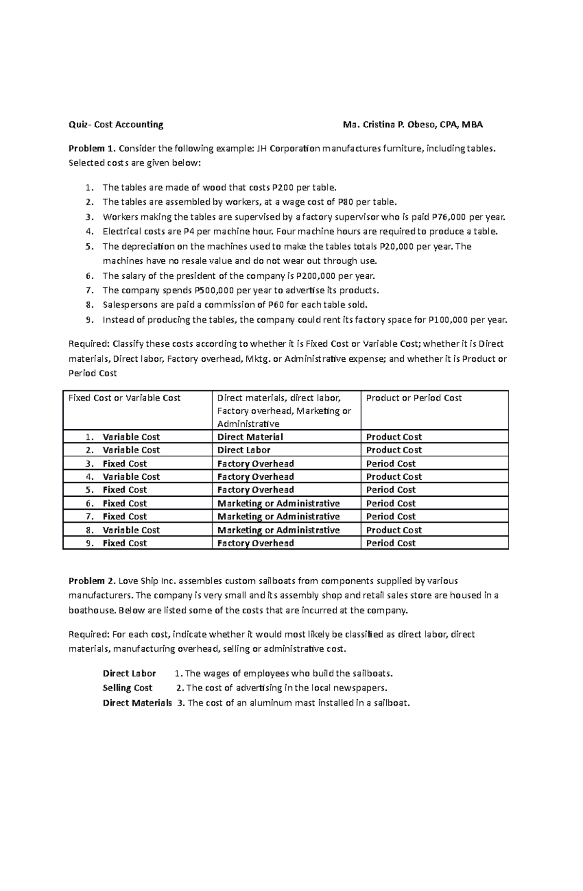 Cost Concepts and Classification Quiz - ACC 101 Review Guide - Studocu