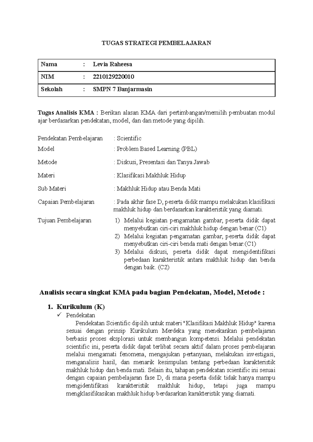 Analisis KMA Pendekatan Ilmu & Model Pembelajaran PBL (221012922001 ...