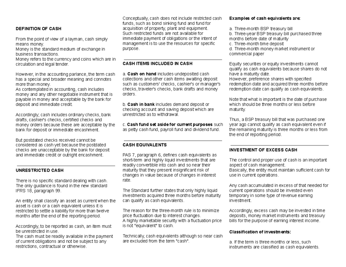 CH1-FAR: Comprehensive Review of Cash Definitions and Classifications ...