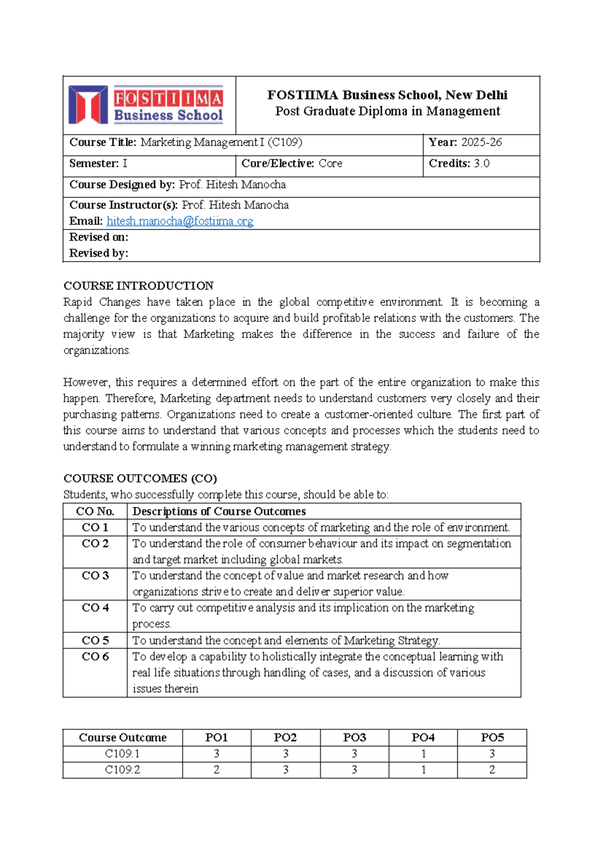 Marketing Management I (C109) Revised Course Outline - Studocu