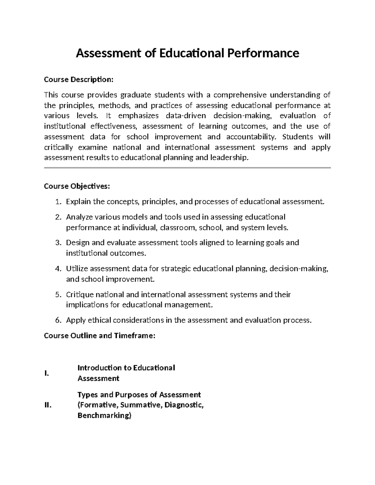 EDU 501: Course Outline - Assessment of Educational Performance - Studocu