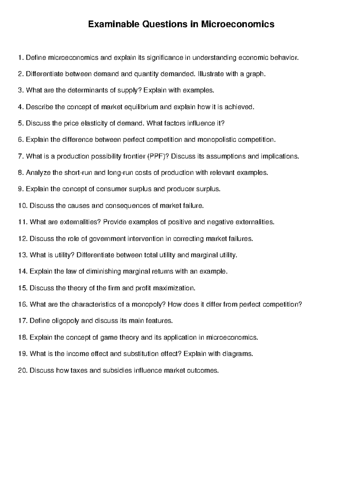 Microeconomics Exam Questions: Key Concepts & Applications - Studocu