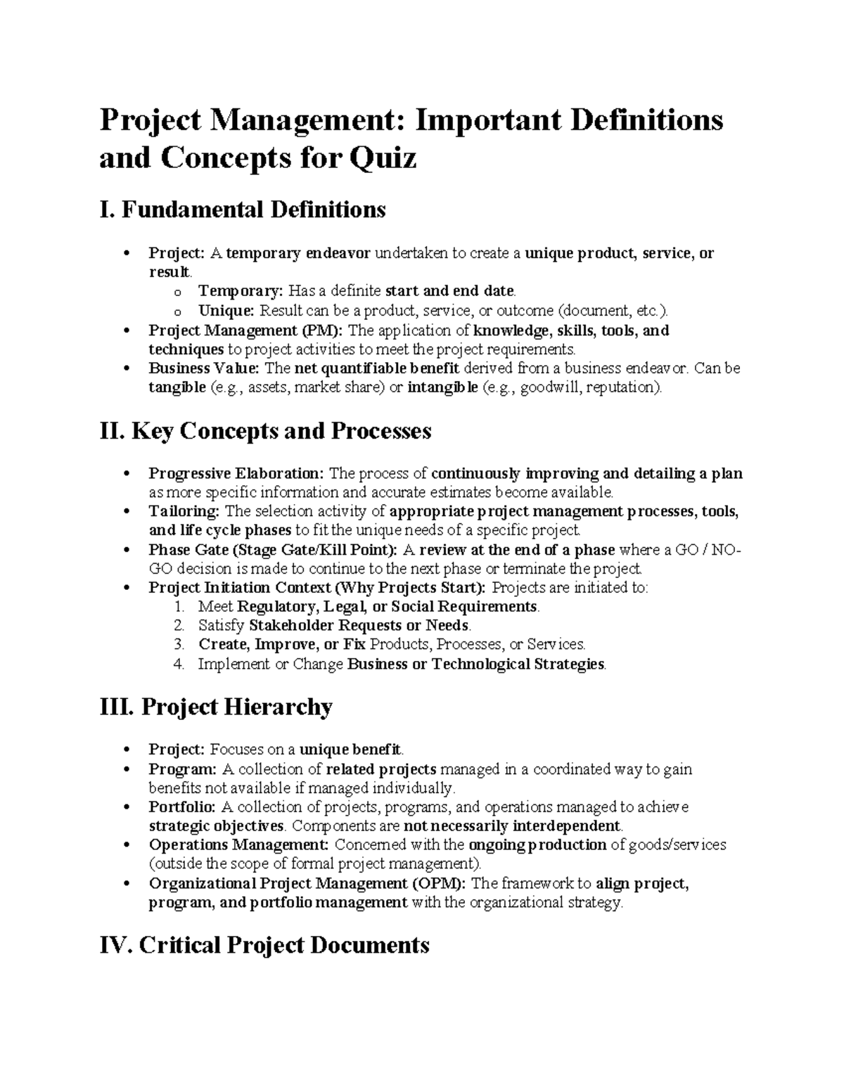Project Management (PM) Quiz I: Key Definitions & Concepts - Studocu