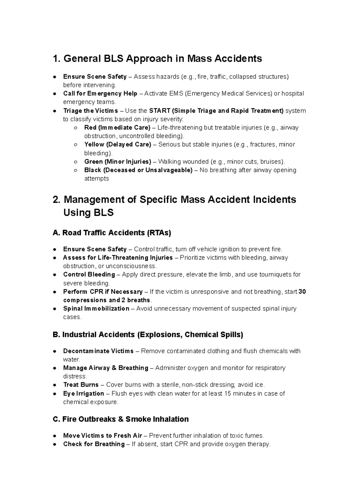 Managing Mass Accidents: BLS Approach and Incident Management - Studocu