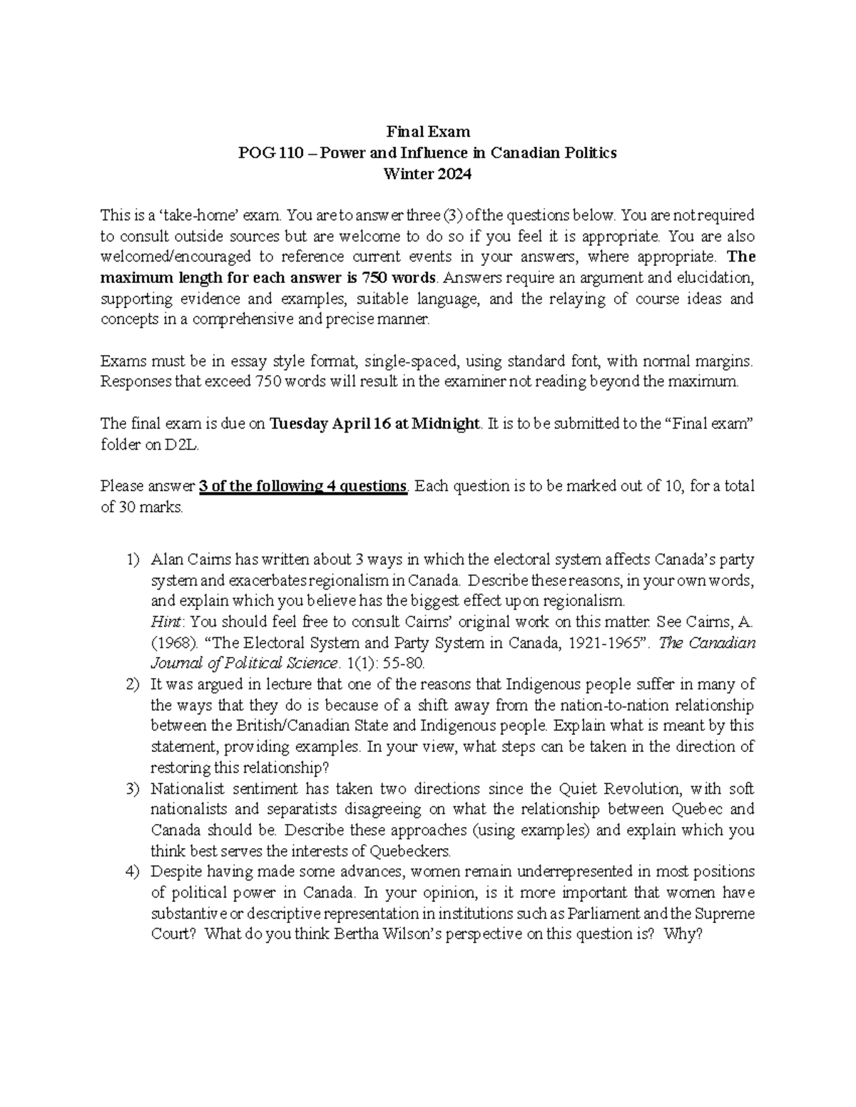 POG 110 Final Exam Study Guide - Power and Influence in Canadian ...