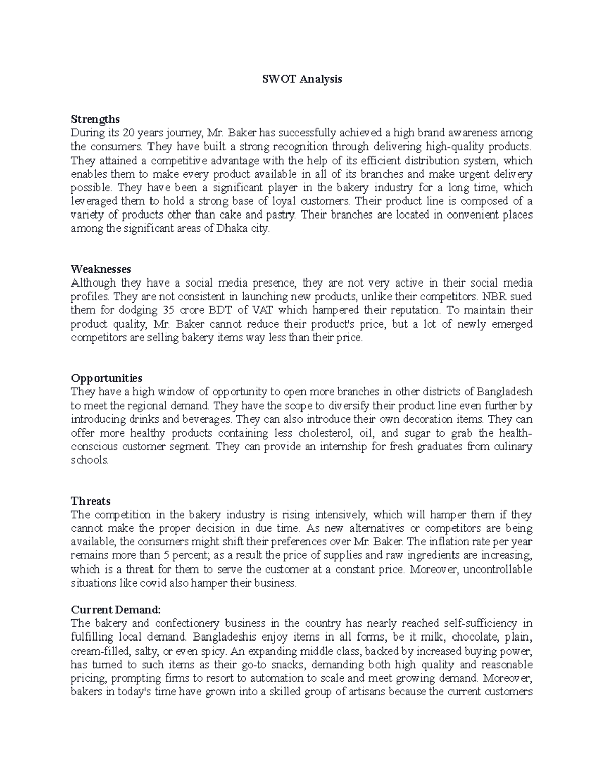 IMC Navid - SWOT Analysis of Mr. Baker's Bakery Business - Studocu
