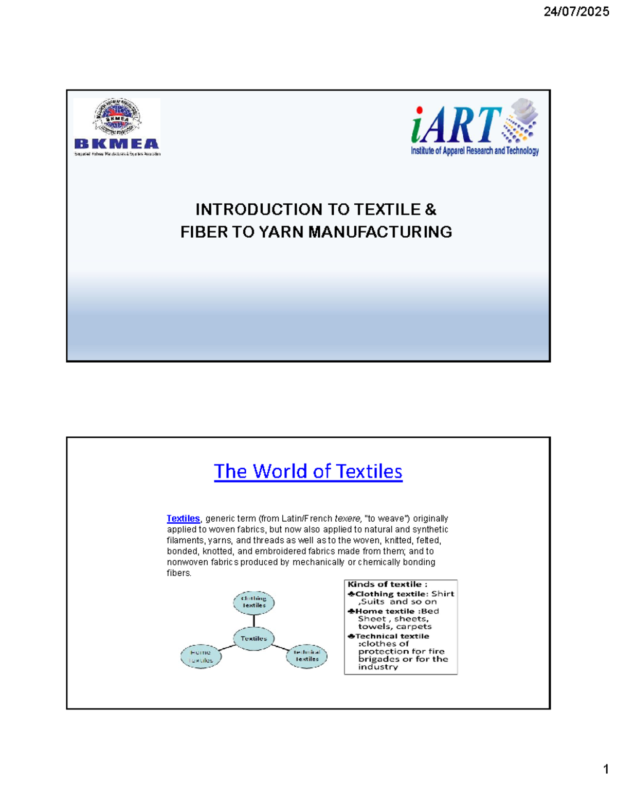 Introduction to Textile & Fiber to Yarn Manufacturing - MMM - Studocu
