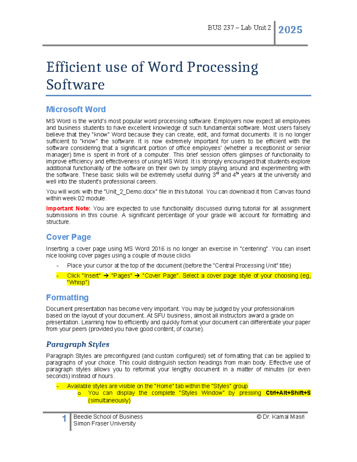 BUS 237 Lab Unit 2 2025: Enhancing Efficiency with MS Word Techniques ...