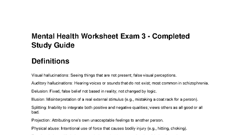 Mental Health Exam 3 Study Guide: Key Definitions & Care Plans - Studocu
