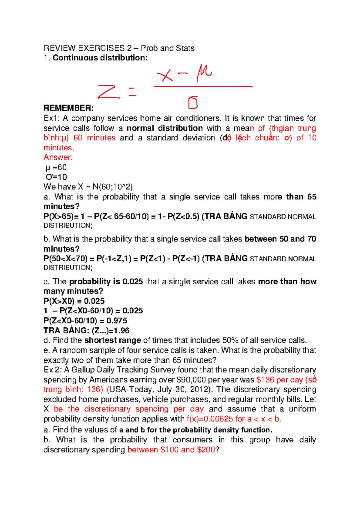 Review Exercises 2: Prob & Stats - Continuous Distributions ...